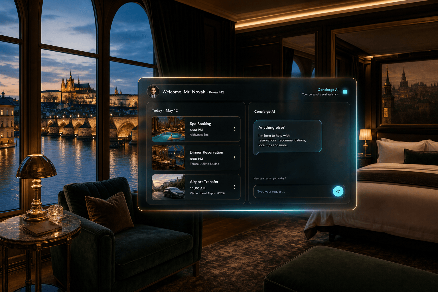 AI concierge dashboard in a luxury Prague boutique hotel suite